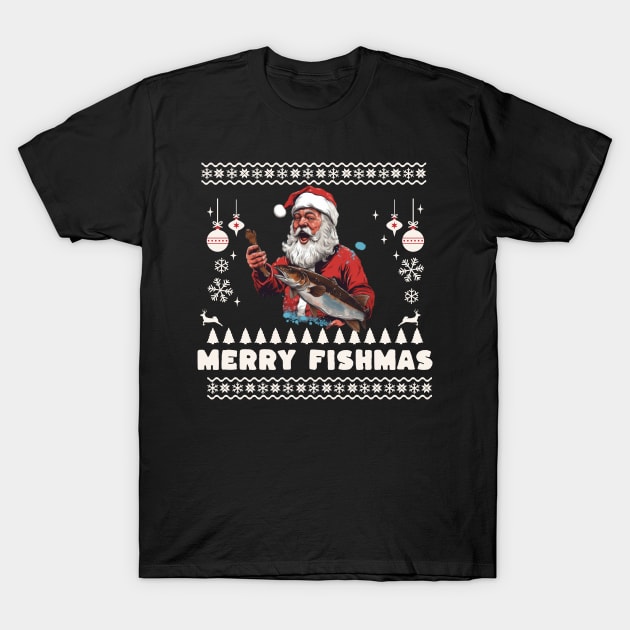 Merry Fishmas Santa Fishing Ugly Christmas Sweater T-Shirt by VisionDesigner